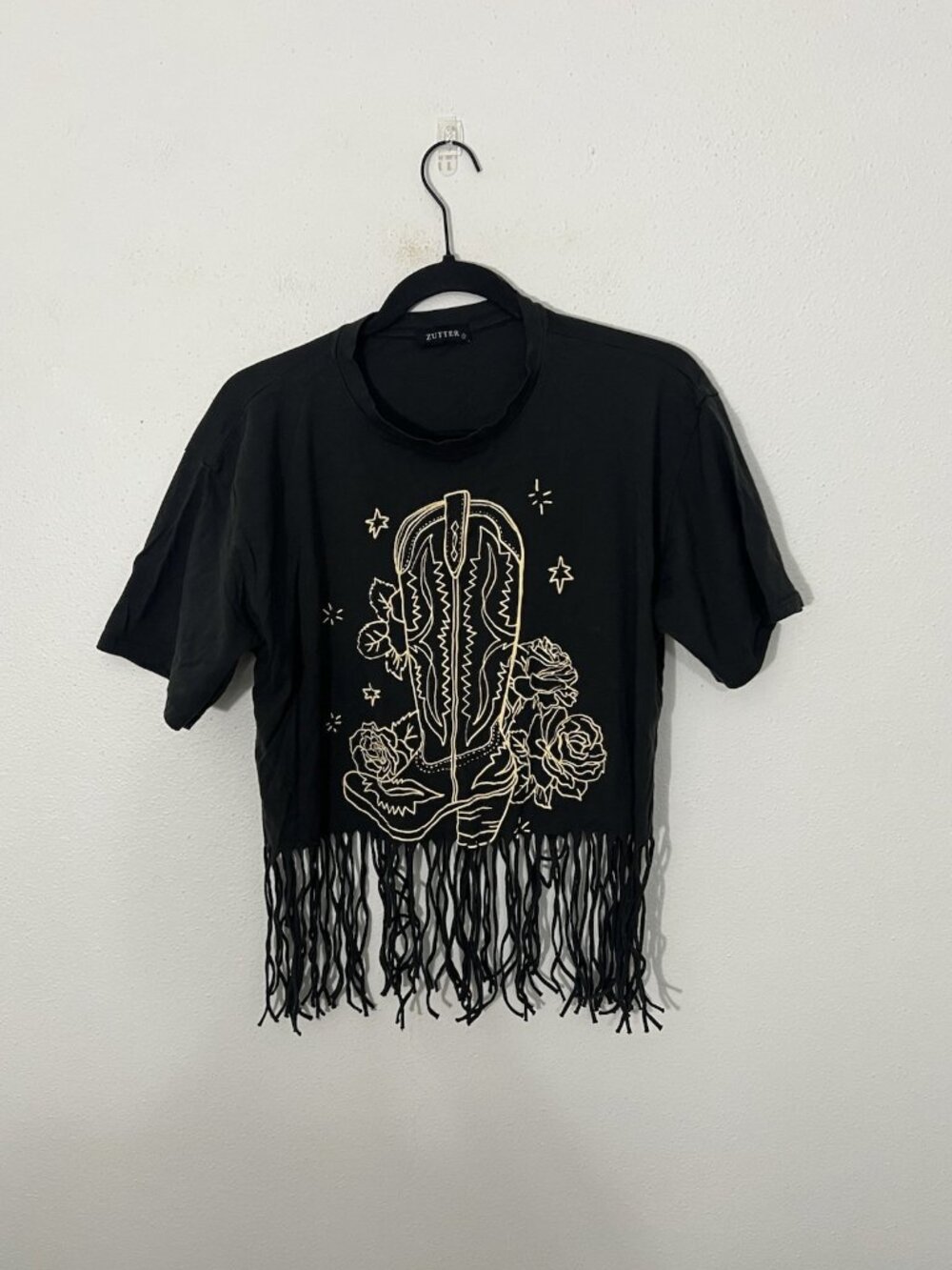 Zutter Cowboy Boot Roses Stars Black T Shirt With Fringe Size Small